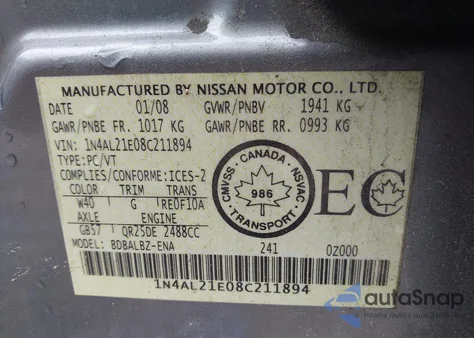 2008 Nissan Altima 2.5 S из США, поврежденный, VIN 1N4AL21E08C211894